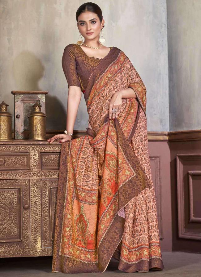 Natural Silk Brown Casual Wear Printed Saree